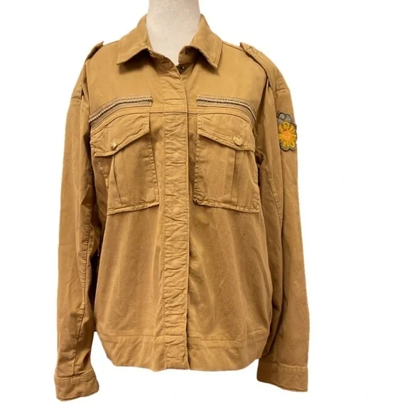 Boho Safari Utility Jacket Embroidered Tan Cotton Shacket Scandi M - Picture 2 of 12
